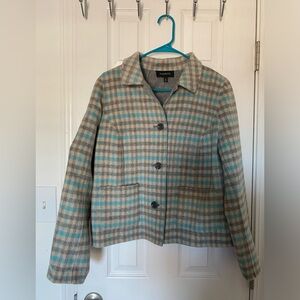 Talbots Wool Blend Plaid Check Jacket Blue Gray Ivory Pockets Soft Size M